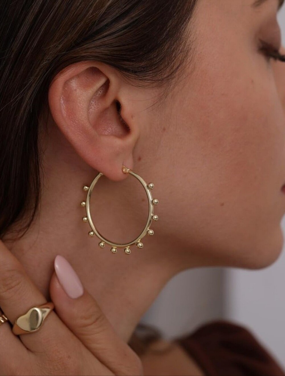 New Gold Beaded Hoop Earrings - Women Jewelry